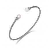 STERLING SILVER PEARL & CUBIC ZIRCONIA 2MM CUFF BRACELET