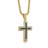 GOLD PLATED STAINLESS STEEL BLACK CZ CROSS NECKLACE