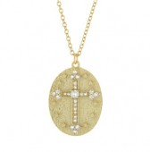 STERLING SILVER GOLD PLATED MATTE CUBIC CIRCONIA CROSS DISC NECKLACE