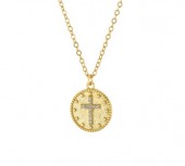 STERLING SILVER GOLD PLATED ROUND MATTE DISC CUBIC ZIRCONIA CROSS PENDANT