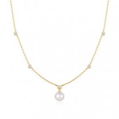 STERLING SILVER GOLD PLATED GOLD BEZEL SET STATION NECKLACE WITH A SHELL PEARL PENDANT