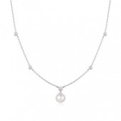 STERLING SILVER BEZEL SET STATION NECKLACE WITH PEARL PENDANT