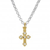 STERLING SILVER & 14K YELLOW GOLD DIAMOND CROSS PENDANT NECKLACE