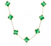 14K YELLOW GOLD MALACHITE CLOVER STATION NECKLACE