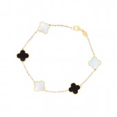 14K YELLOW GOLD MOTHER OF PEARL & ONYX CLOVER STATION BRACELET