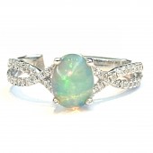10K WHITE GOLD OVAL OPAL AND DIAMOND TWIST RING