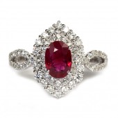 18K White Gold Oval Ruby and Diamond Ring with Marquis-Shaped Halo
