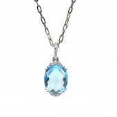 14K White Gold Oval Blue Topaz and Diamond Necklace