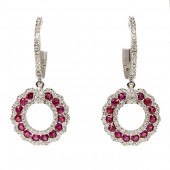 14K White Gold Ruby And Diamond Circle Earrings