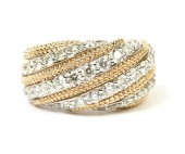 14K WHITE AND YELLOW GOLD DIAMOND DOMED BAND WITH ROPE DESIGN