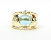 14K Gold Wide Band With Blue Topaz And Diamond