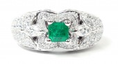 14K Whit Gold Princess Cut Emerald and Diamond Ring