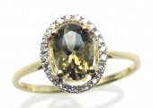 14K Yellow Gold Oval Smoky Quartz Ring With Diamond Halo