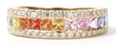 14K YELLOW GOLD .44CTW DIAMOND AND 1.43CTW MULTI COLOR SAPPHIRE RING