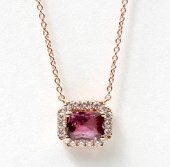 14K Rose Gold .20Ctw Diamond And 1.23 Emerald Cut Pink Sapphire Pendant
