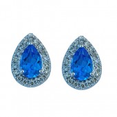 14K WHITE GOLD PEAR SHAPED BLUE TOPAZ EARRINGS WITH DIAMOND HALO