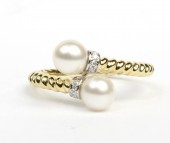 14K TWO TONE DIAMOND AND PEARL BYPASS RING