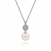 14K White Gold  Diamond And Pearl Drop Necklace