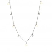 14K WHITE GOLD PEARL AND DIAMOND DANGLE STATION NECKLACE