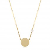 14K YELLOW GOLD ROUND DISC NECKLACE WITH PEARL ACCENT