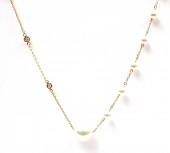 18K YELLOW GOLD DIAMOND AND PEARL STATION NECKLACE .09CTW