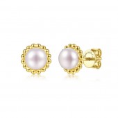 14K YELLOW GOLD PEARL STUDS WITH BEADED FRAME