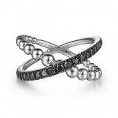 STERLING SILVER BLACK SPINEL CRISS CROSS BEADED RING
