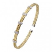 STERLING SILVER GOLD PLATE DOUBLE WOVEN CUFF BRACELET WITH CZ STATIONS