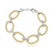 TWO TONED STERLING SILVER GOLD PLATED OPEN LINK BRACELET WITH CUBIC ZIRCONIA