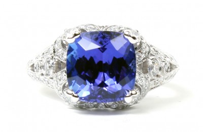 14K White Gold Cushion Cut Tanzanite And Diamond Cocktail Ring