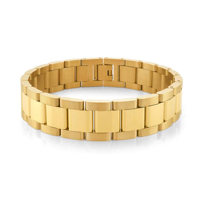 Mens Gold Stainless Steel Link Bracelet With Cubic Zirconia